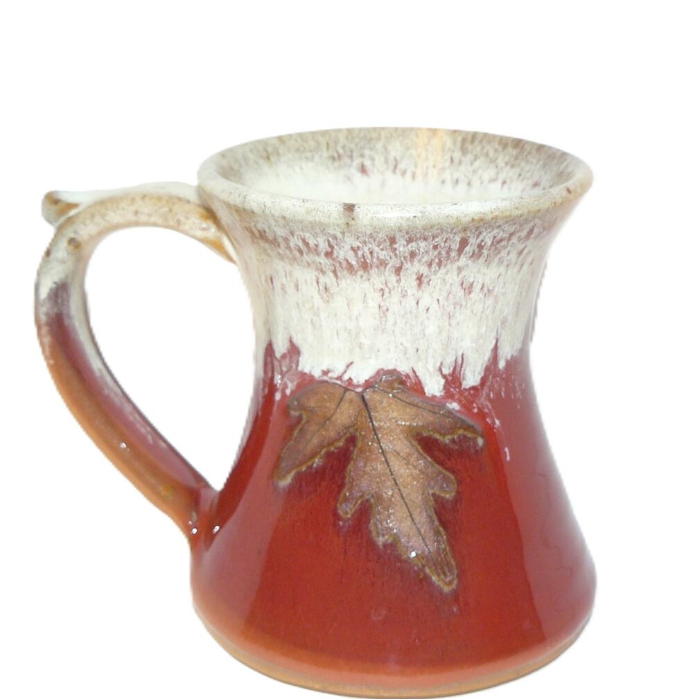Handmade Ceramic Mug Leaf Design Red Cream Glaze Artisan Pottery Lady Coffee Cup
